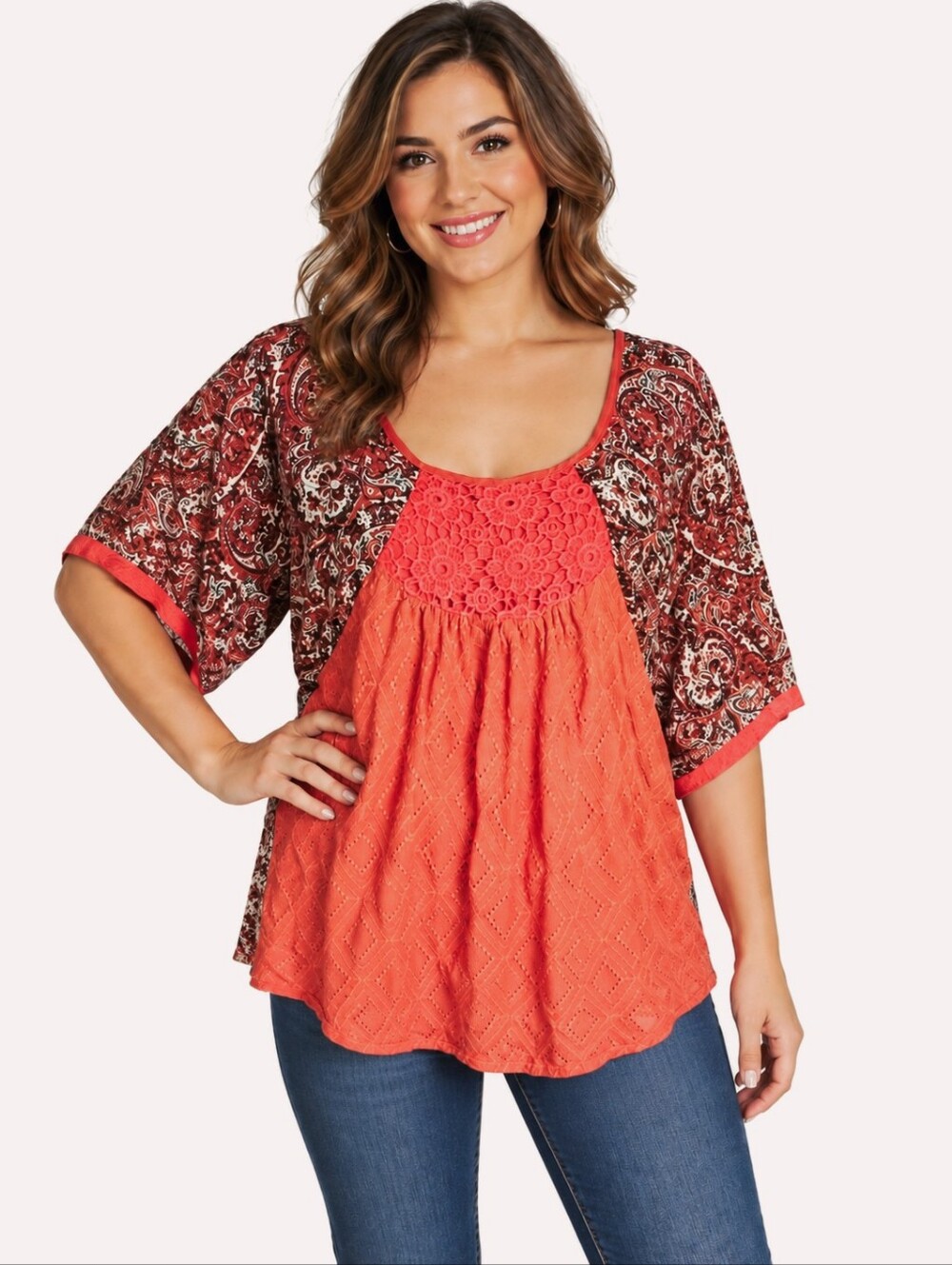 Ogle Orange & Blue Paisley Top woth Embroidered Flower Accents, Size Large - Picture 1 of 9